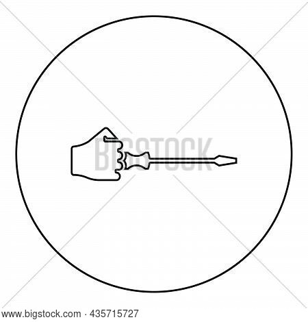 Screw Driver In Hand Tool In Use Arm With Screwdriver For Unscrewing Icon In Circle Round Black Colo