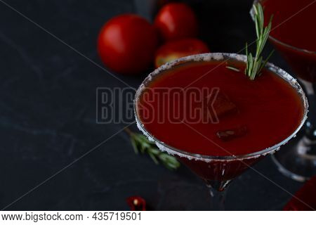 Tomato Juice In Glass.close-up Bloody Mary Cocktail. Alcoholic Drink With Vodka And Tomato Juice In 