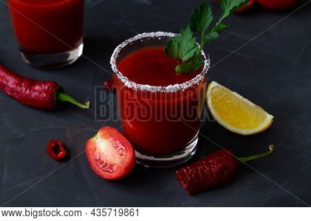 Bloody Mary Cocktail With Ingredients. Alcoholic Drink With Vodka And Tomato Juice In A Glass Isolat