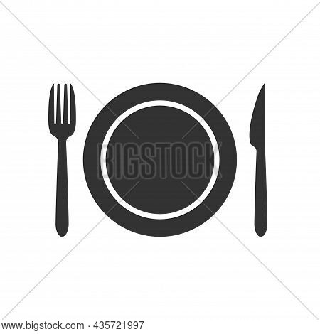 Plate, Fork And Knife Icon In Flat Style. Food Symbol Isolated On White Background. Bar, Cafe, Hotel