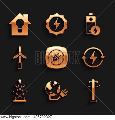 Set Electric Plug, Global Energy Power Planet, Tower, Recharging, Wind Turbine, Battery And Smart Ho