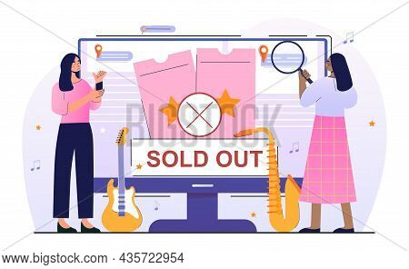 Sold Out Event Concept. Women Buy Tickets To Popular Music Show And Band Performance. Online Search 