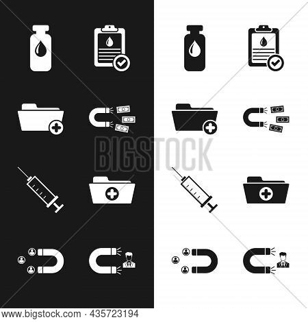 Set Magnet With Money, Health Record Folder, Medical Vial, Ampoule, Clipboard Blood Test, Syringe An