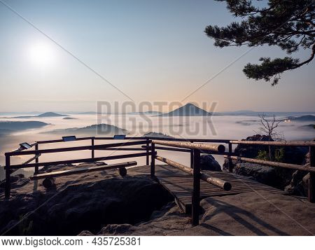 Calm Misty Landscape During Full Moon Night. Few Minutes Before Sunrise In A Beautiful Mountain Of B