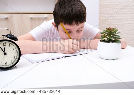 A Concentrated Boy Writing In A Textbook, Exercisebook, A Schoolboy Doing His Homework At Home, An A