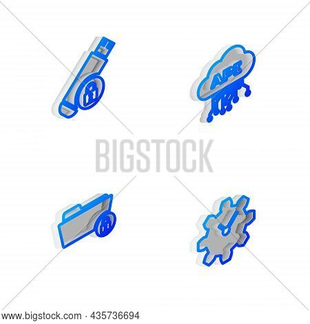 Set Isometric Line Cloud Api Interface, Usb Flash Drive With Lock, Folder And And Time Management Ic
