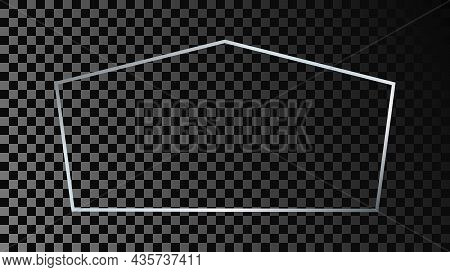 Silver Glowing Tetragon Shape Frame Isolated On Dark Transparent Background. Shiny Frame With Glowin
