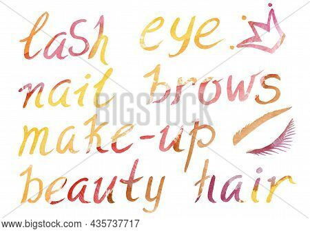 Watercolor Artistic Multicolor Set Of Makeup Elements A Beauty Theme On A White Background. Hand Wri