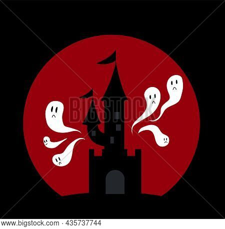 Halloween. A Haunted Castle On The Background Of A Red Moon. Vector Stock Illustration Isolated On B