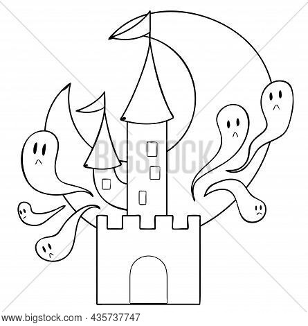Halloween. The Castle From Which The Ghosts Fly Out. Doodle Style. Vector Stock Illustration Isolate