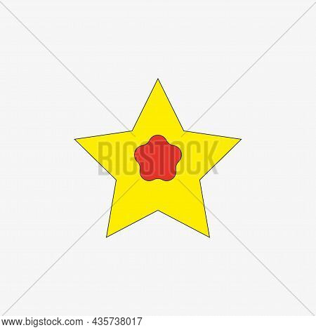 Yellow Star Icon. Red Flower Inside. Stamp Texture. Abstract Sign. Freehand Art. Vector Illustration