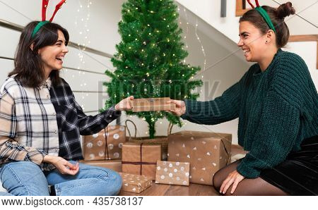 Giving Presents. Smiling Young Woman Gives A Wrapped Gift To Her Sister Next To Christmas Tree Weari