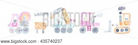 Toy cars. Children's illustration in watercolor. Big truck, bulldozer, crane.