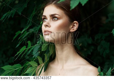 Beautiful Woman Cosmetology Nature Green Leaves Glamor Model