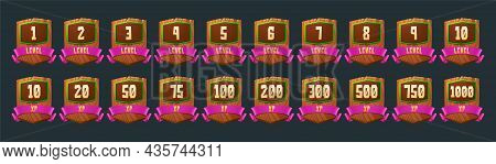 Set Of Game Level Ui Icons, Wooden Shields With Banners And Xp Rate Isolated App Buttons, Award Or B