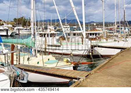 Triabunna, Tasmania, Australia - September 16, 2017: Mooring Boats In The Port On The Shores Of Spri