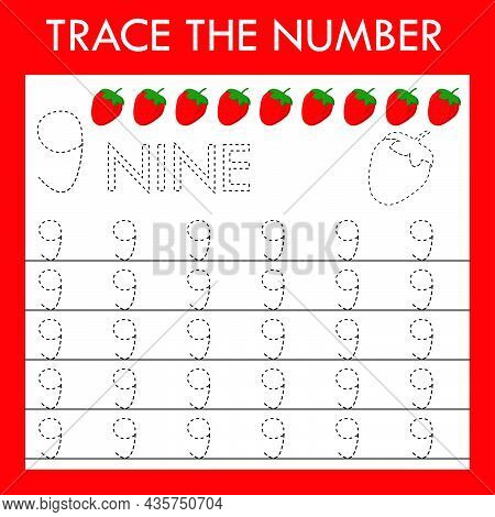 A Game Of Tracing The Outlines Of The Number Nine With Funny Rasberries. Preschool Worksheet, Kids A