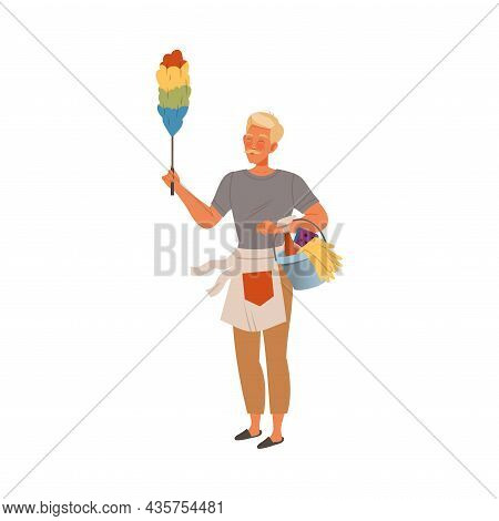 Man Wiping Dust At Home. Househusband Doing Housework Cartoon Vector Illustration
