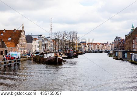 Leiden, Netherlands, April 3, 2018 - Cityscape Of Leiden, The Netherlands. View Of New Rhine River A