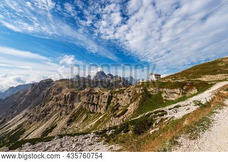 Mountain Range Of Cadini Di Misurina And Sorapiss. Panorama From Tre Cime Di Lavaredo Or Drei Zinnen