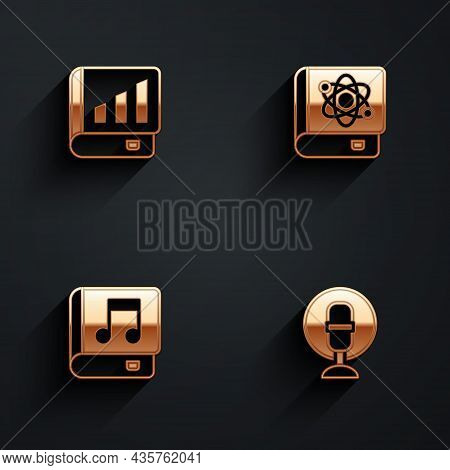 Set Financial Book, Book About Physics, Audio And Microphone Icon With Long Shadow. Vector
