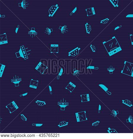 Set Kitchen Extractor Fan, Oven, Colander And Knife On Seamless Pattern. Vector