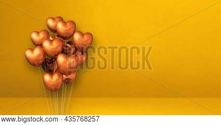 Copper Heart Shape Balloons Bunch On A Yellow Wall Background. Horizontal Banner. 3d Illustration Re