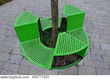 Bench Sitting With A Hole Around A Tree. Green Painted Metal Perforated Plate. Three Places Around T