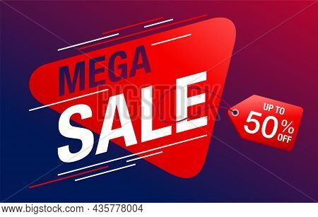 Mega Sale - Up To 50 Percents Off Red And Blue Catchy Banner. Creative Vector Flyer With White Frame