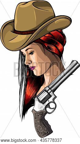 Western Girl With Revolver - Vector Stock Illustration