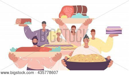 People Holding Food. Group With Festive Meals, Restaurant Team. Waiters, Lunch Or Dinner Time. Adult