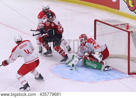 Kyiv, Ukraine - October 6, 2021: Goalkeeper Sebastian Dahm Of Kac Klagenfurt (white Jersey) In Actio