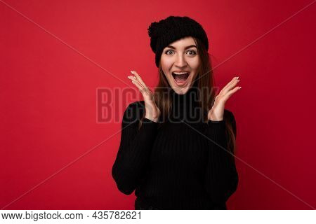 Photo Of Young Positive Surprised Happy Attractive Brunette Woman With Sincere Emotions Wearing Blac