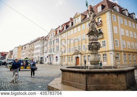 Goerlitz, Saxony, Germany, 04 September 2021:  Georgsbrunnen Or George's Fountain At Obermarkt Or Up
