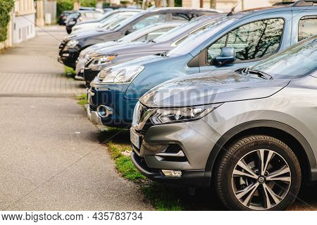 Strasbourg, France - Jan 28, 2018: Row Of Cars Parked On The Street With No People On The Trottoir
