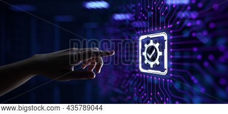Standard Standardization Certification Quality Control Assurance. Hand Pressing Button On Virtual Sc