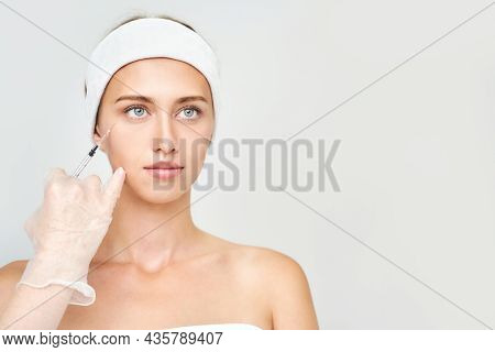 Forehead Injection At Spa Salon. Doctor Hands. Closeup. High Quality. Pretty Female Patient. Beauty 