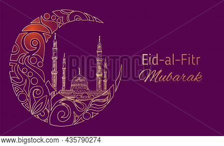 Hand Drawn Sketch Of Islamic Mosque With Ornamental Crescent Moon To Festive Banners Of Eid-al-fitr.