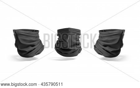 Blank Black Neck Gaiter Mock Up, Front And Side View, 3d Rendering. Empty Headband Or Scarf For Pand