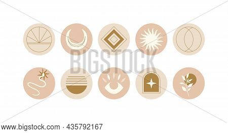 Abstract Highlight Covers In Bohemian Style. Minimalistic Boho Icon Set. Story Covers In Light Paste