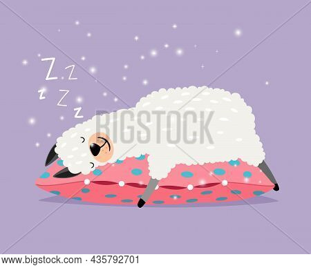 Sleeping Alpaca. Cute Lama Love Sleep On Pillow, Smiling Llama Character In Sweer Dreams, Tired Alpa