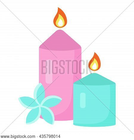 Spa And Relax Candles With Exotic Flower. Meditation, Aromatherapy And Relaxation Concept. Vector Il