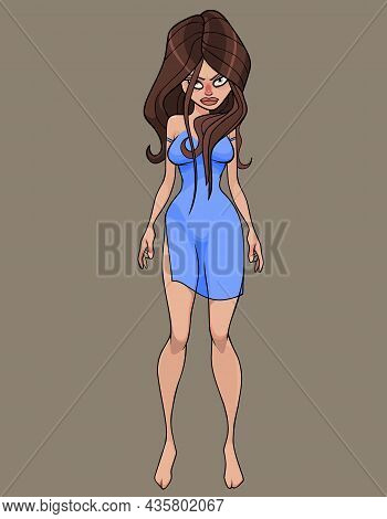 Cartoon Beautiful Long Haired Woman In Short Blue Dress Looks Sullenly