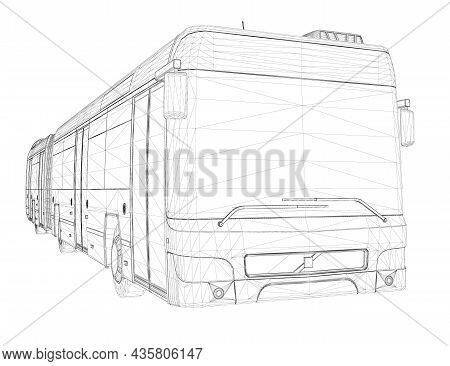 Wireframe Of A Long Bus From Black Lines Isolated On White Background. Perspective View. 3d. Vector 