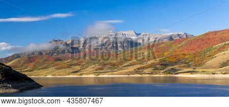 Panoramic view of Mt Timpanogos peak view at Deer creek reservoir in Utah