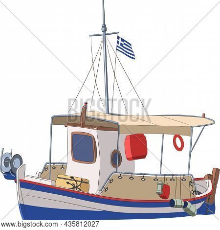 Corfu. Multicolored Fishing Boat With The Greek Flag.