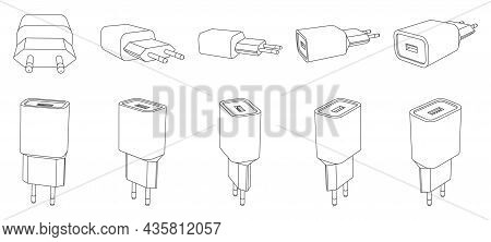 Vector Phone Charger With Usb Port, Outline Illustration Of Different Perspective Views