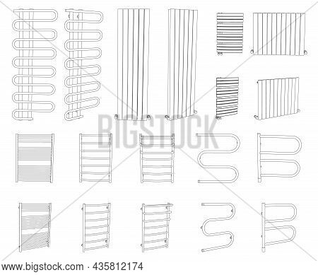 Vector Set Of Outline Towel Rails, Dryer Rack Radiators Isolated On White
