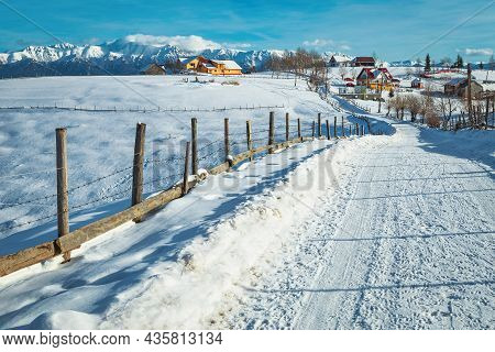 Fairytale Winter Landscape With Alpine Village And Wonderful High Snowy Mountains, Pestera Village, 