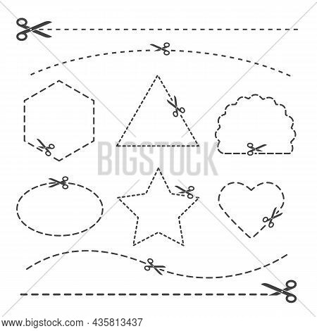 Coupon Cutting Shapes. Cut Square Dashed Borders On White Background, Paper Cupon Dots Shape Labels,